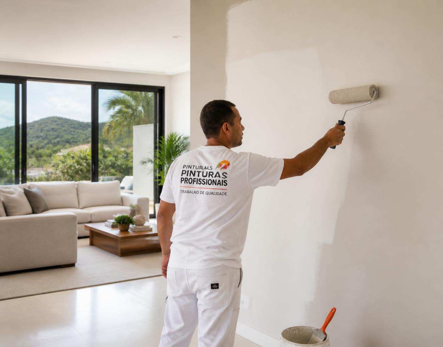Pintor profissional aplicando tinta na parede de uma sala residencial moderna