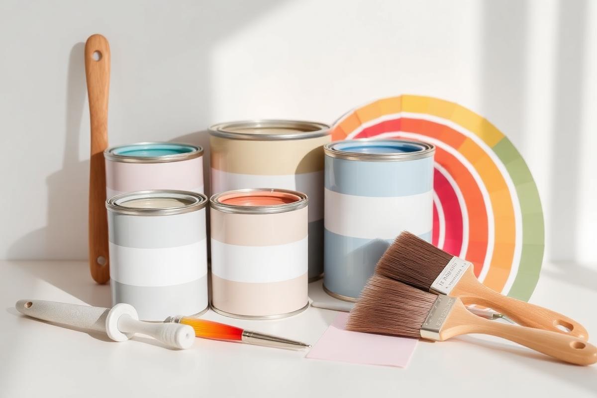 Latas de tinta, rolos, pincéis e leque de cores organizados sobre superfície branca
